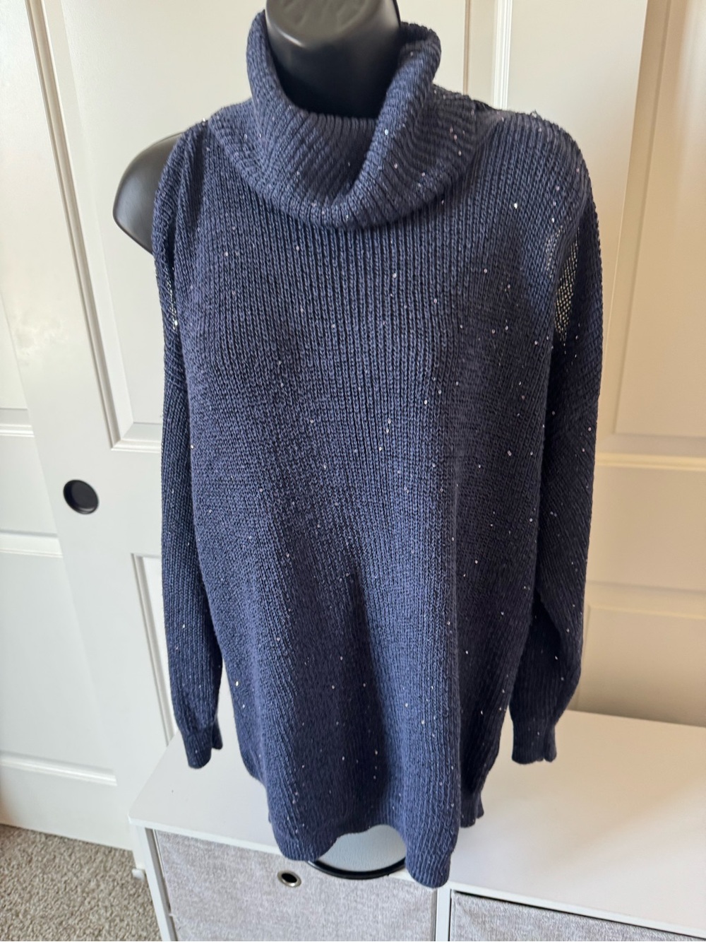 INC International Concepts Navy Cowlneck Sweater with Sequin Flecks